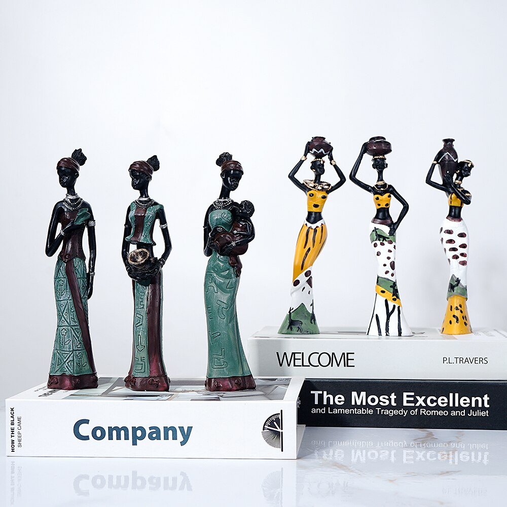 Ensemble de 3 figurines de femmes africaines en résine, statues noires, ornements exotiques pour l'intérieur de la maison, salon, décorations de bureau - eShopinvi™