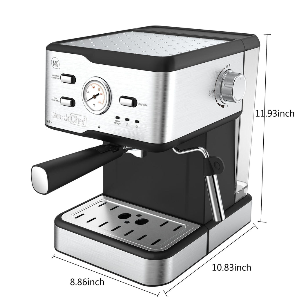 Machine à expresso Machine à café à cappuccino et latte à pression de pompe de 20 bars avec filtre ESE POD et mousseur à lait, baguette à vapeur et thermomètre, réservoir d'eau de 1,5 L, interdiction d'espresso en acier inoxydable - eShopinvi™