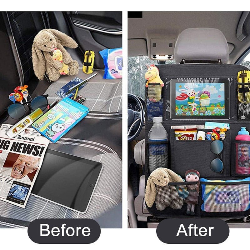 Organisateur de siège arrière de voiture avec support de tablette à écran tactile + 9 poches de rangement, tapis de protection de dossier de siège de voiture pour enfants en bas âge - eShopinvi™